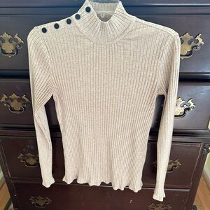 Theory Light Beige Ribbed Sweater with Button Accents